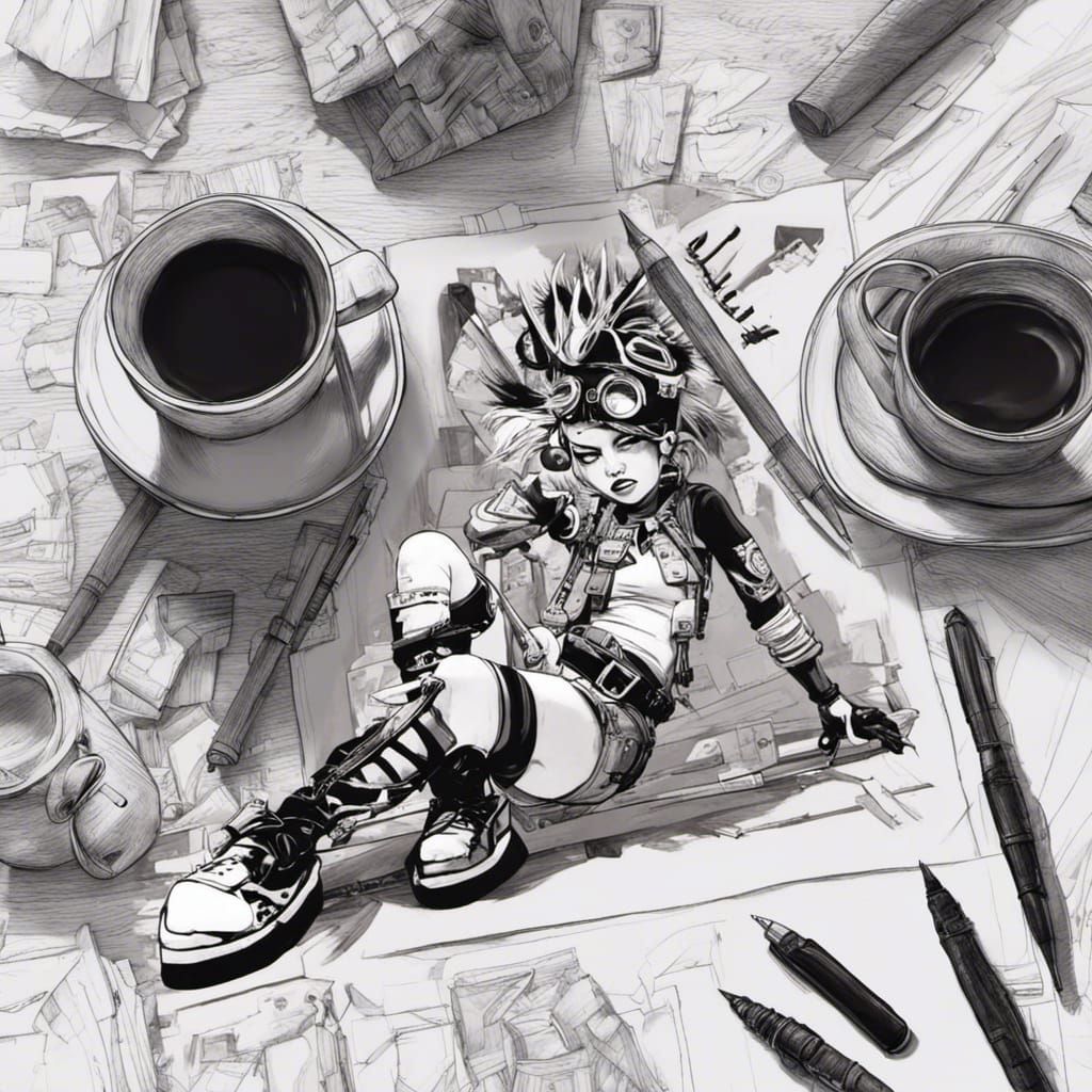 Dynamic Mechagirl in Monochromatic Comic Style