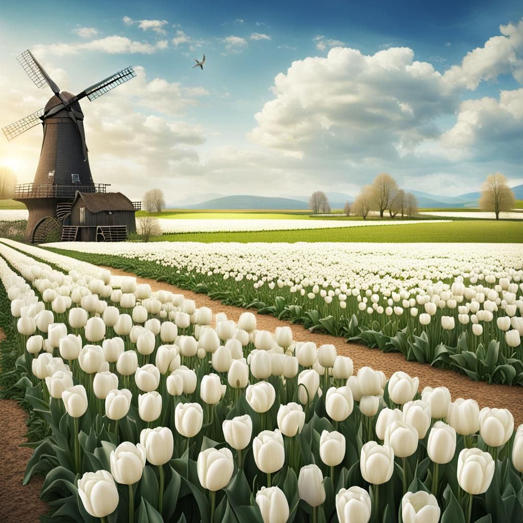 White Tulips and Windmill: a Fantastical Spring Landscape