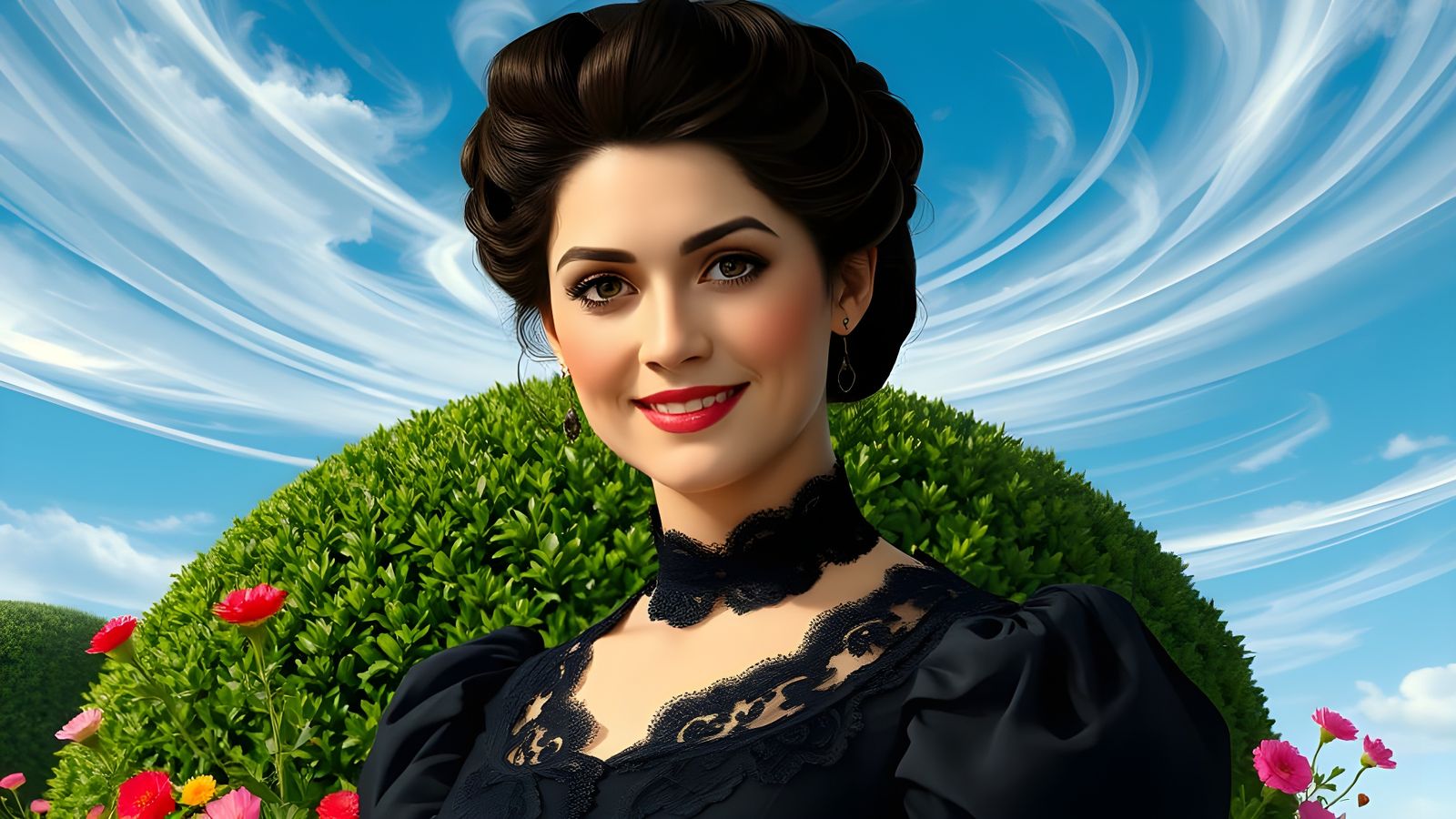 Elegant Woman in 1880s Attire, Set in a Serene Garden Scene