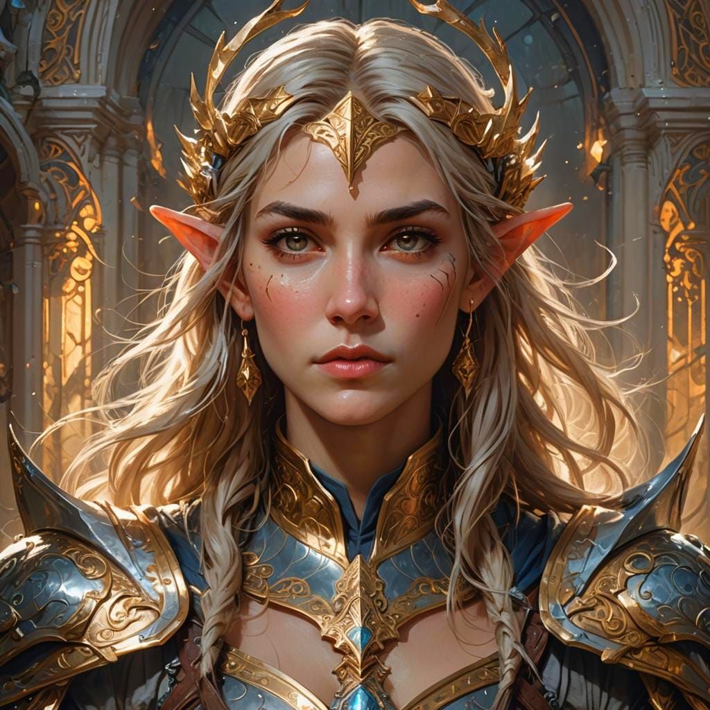 Armored Half-Elf Paladin Portrait in Hyperdetailed Style
