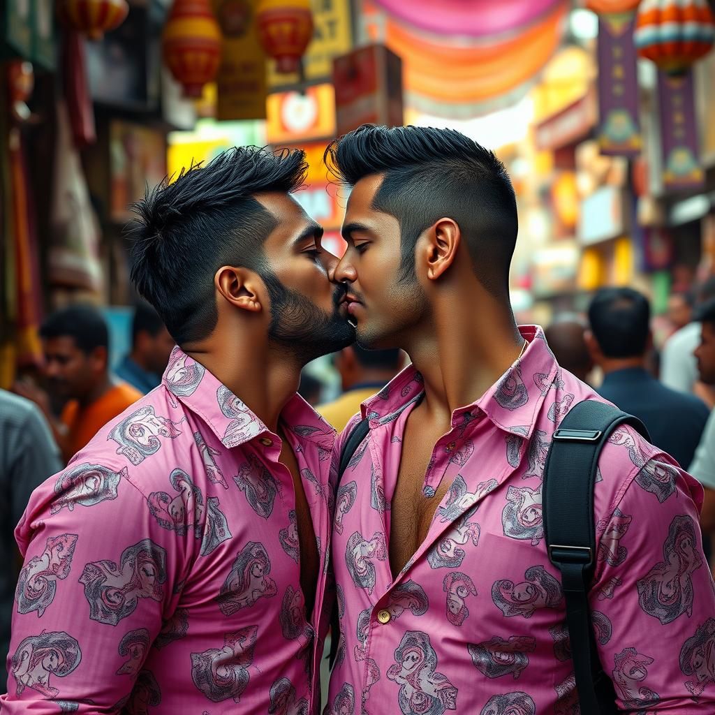 Men in Barbie Outfits Kiss in Market, Hyperrealism