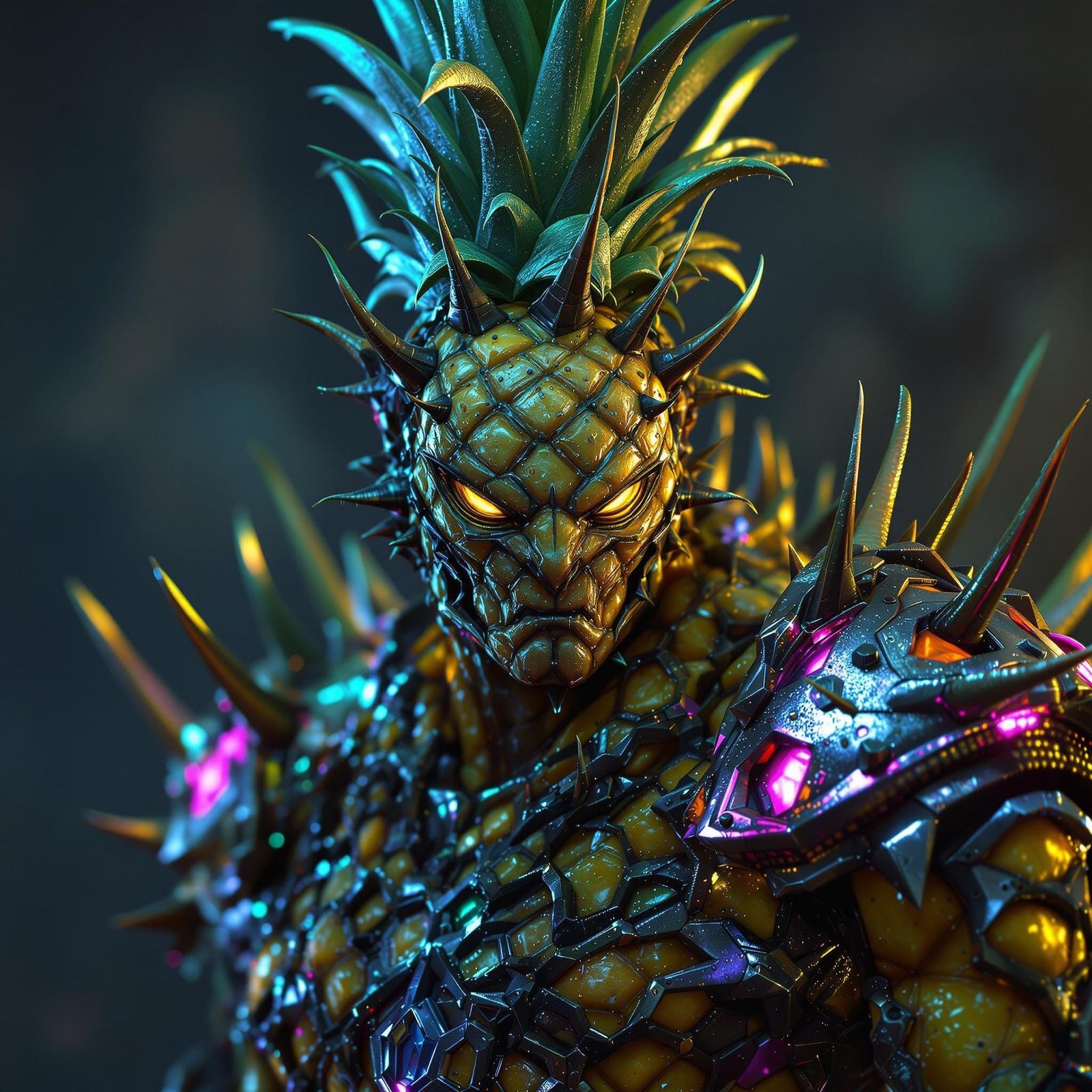 Pineapple Paladin: Metallic Armor in Matte Painting Style