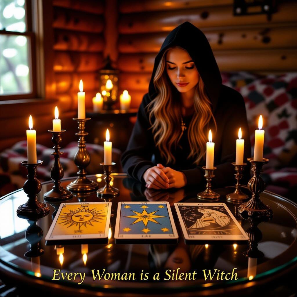 Mystical Tarot Scene with Candles and a Hooded Woman