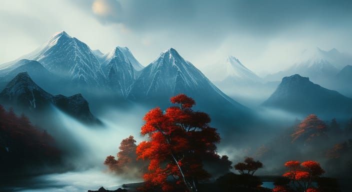 Misty Mountain Peaks in Detailed Matte Painting