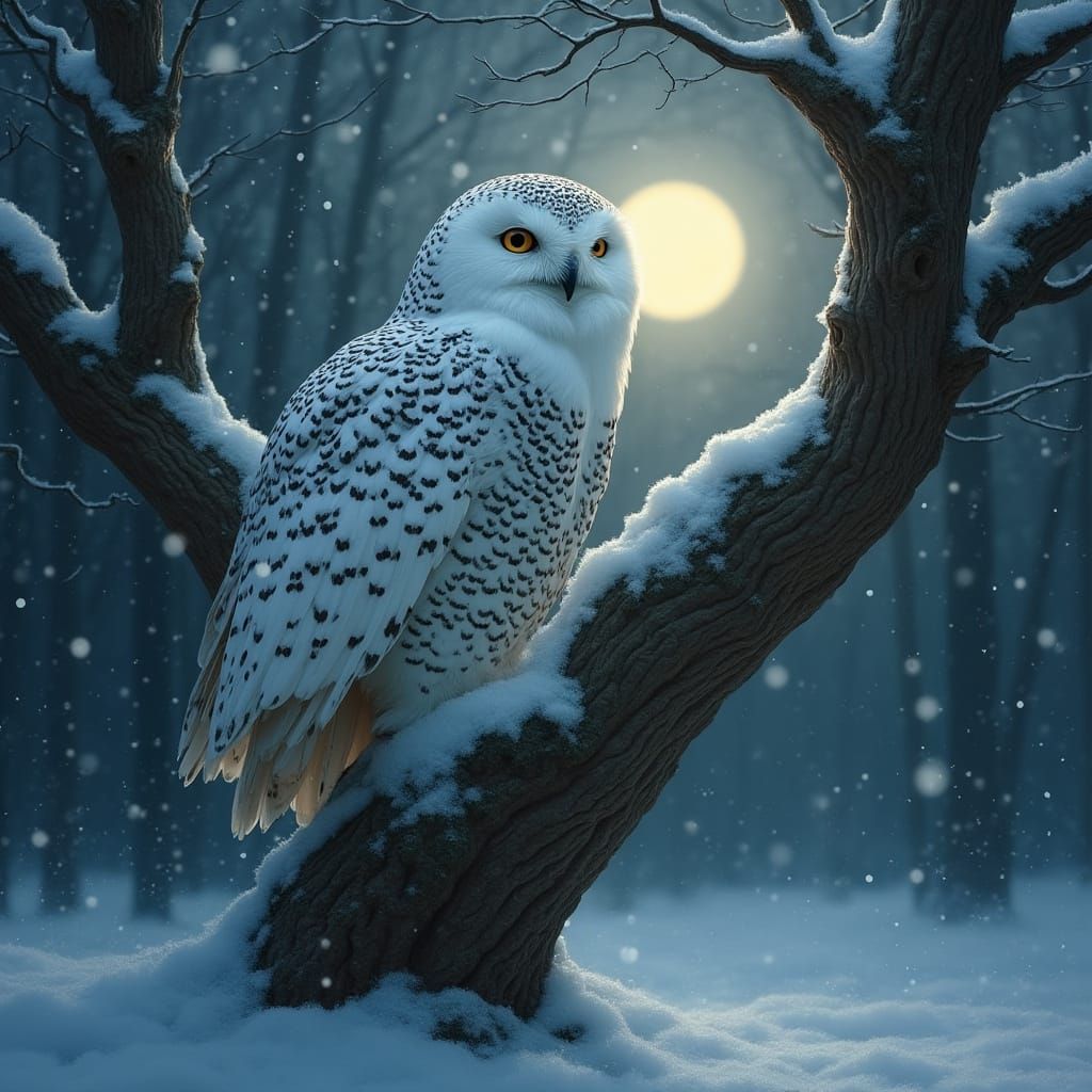 Snowy Owl in Moonlit Forest, Art Nouveau Style