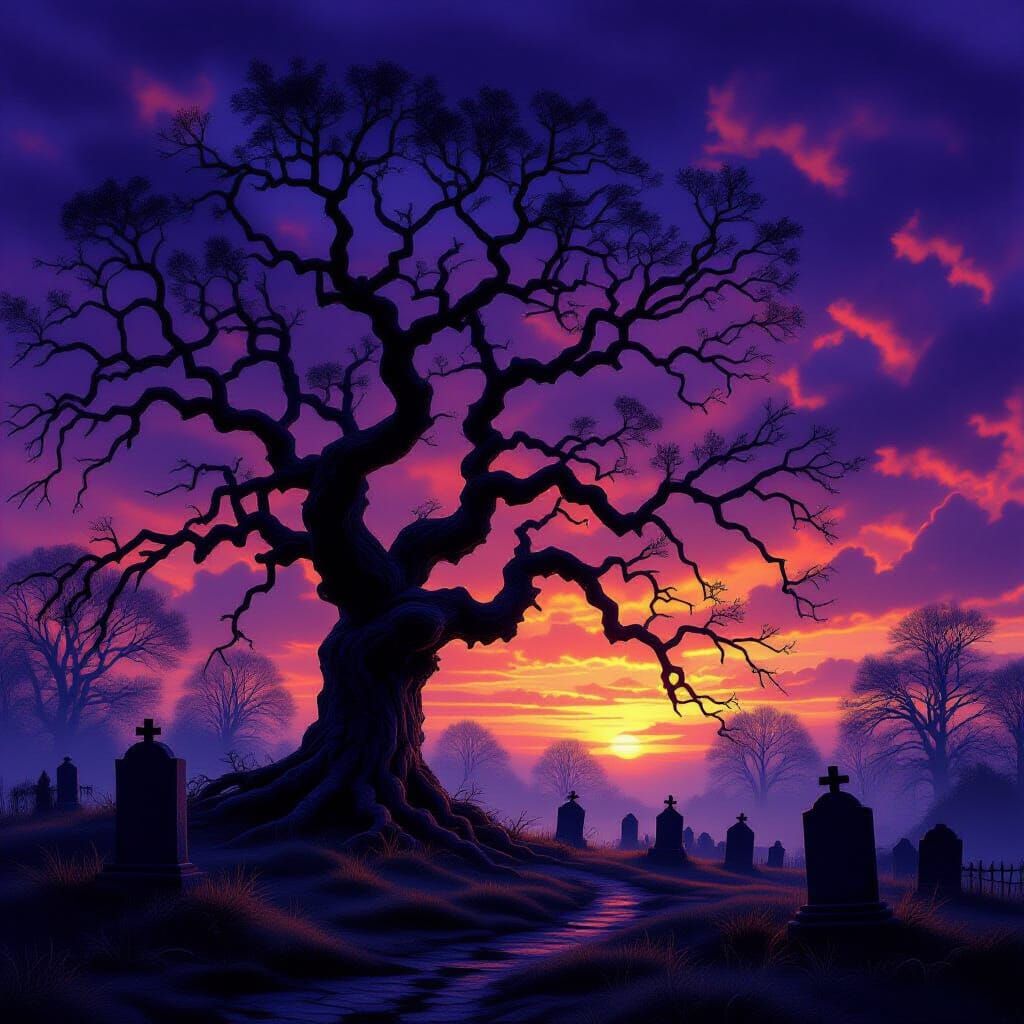 Ancient Oak Tree in Twilight Graveyard