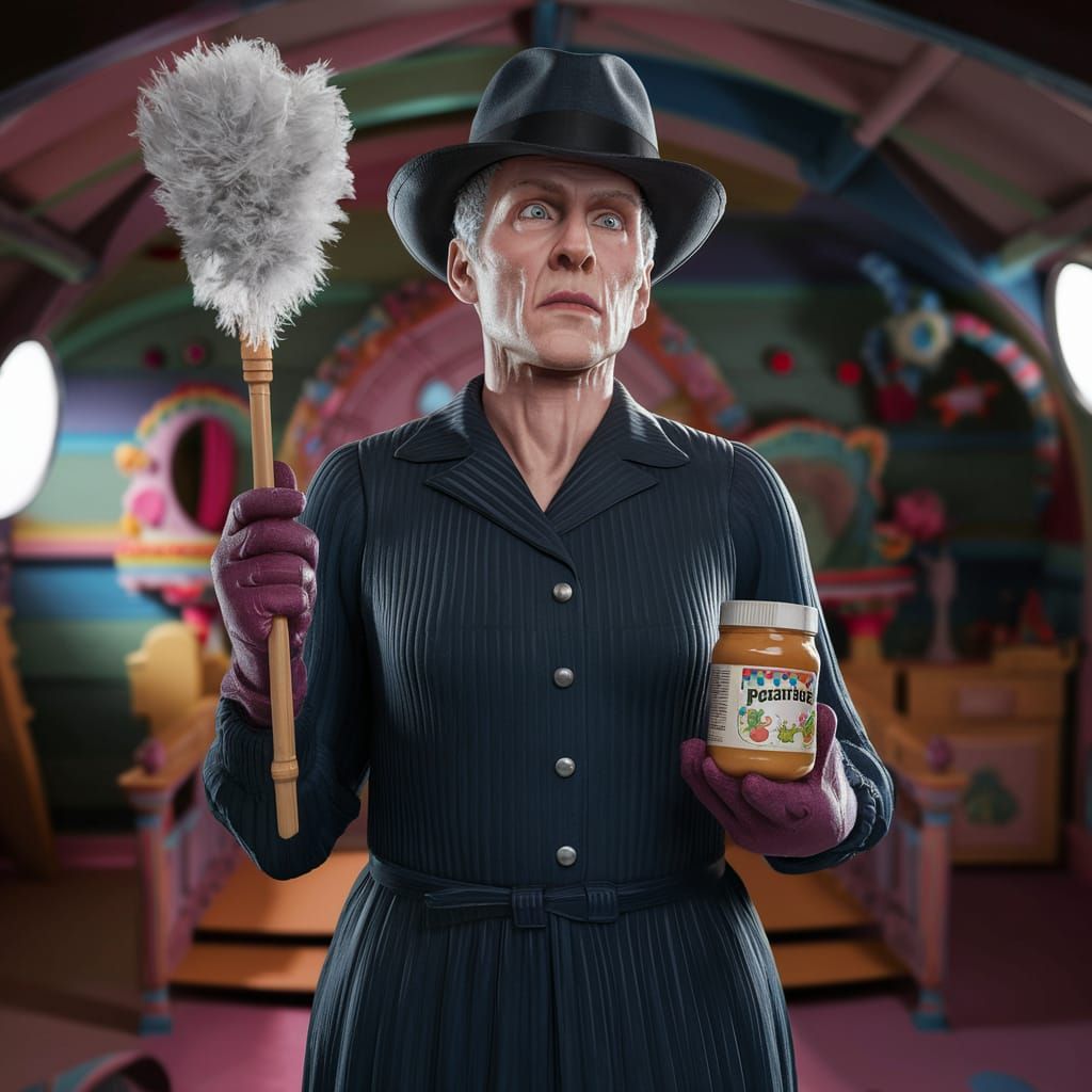 Hyper-Realistic Man as Nanny in Surreal Nursery