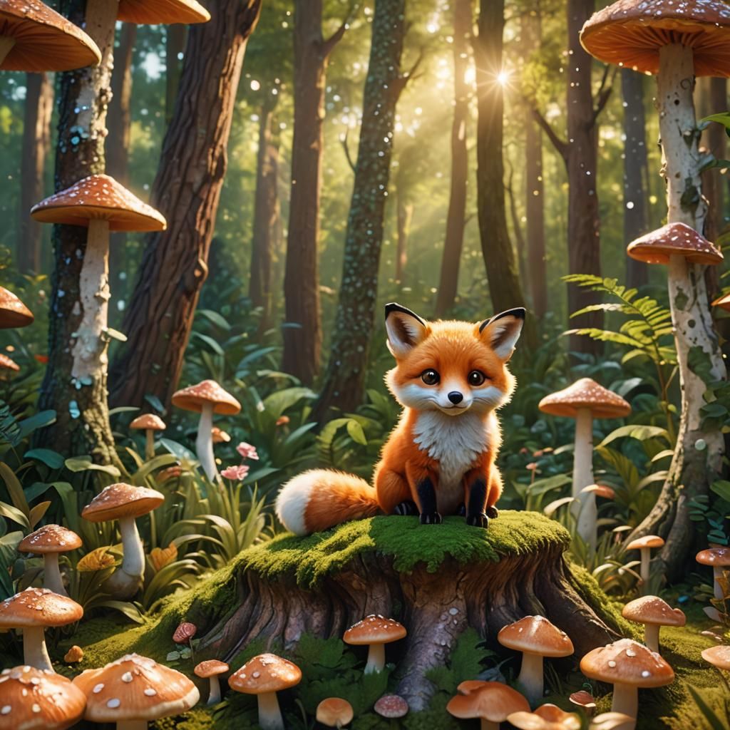 Cute Glitter Fox on Mushroom, 3D Digital Art