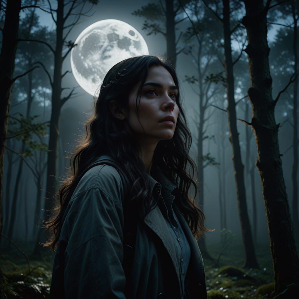 Moonlit Woman in Magical Forest: Cinematic Digital Art