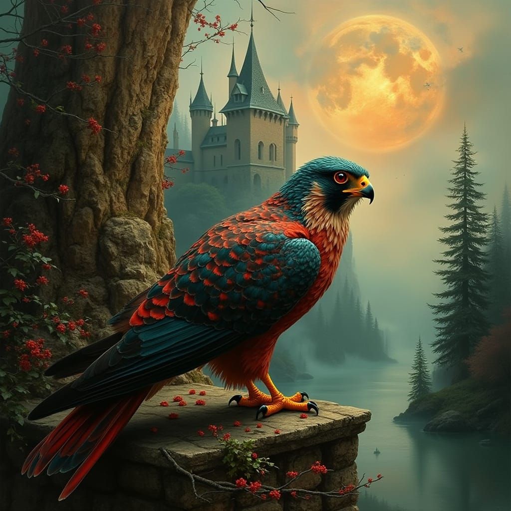 Falcon Soars Through Vibrant Misty Castle