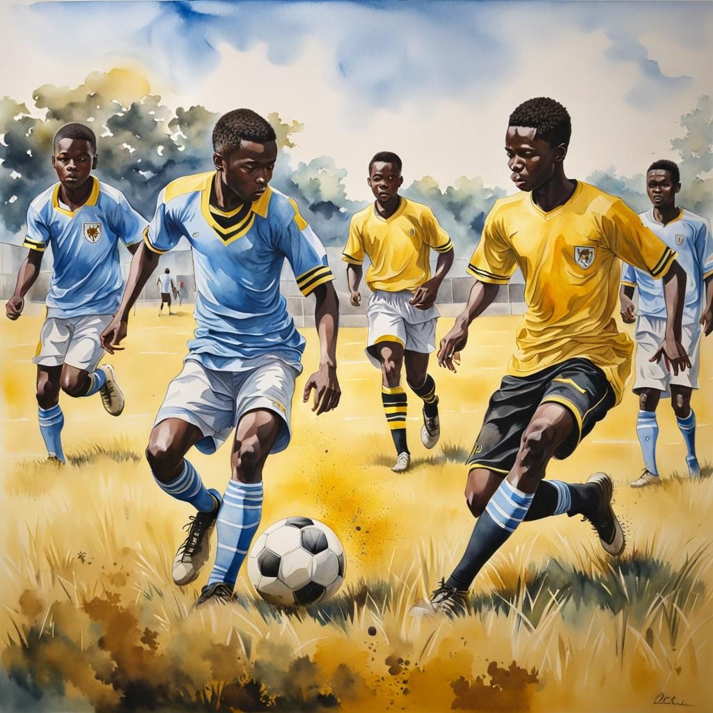 Young Africans Playing Football in Watercolour