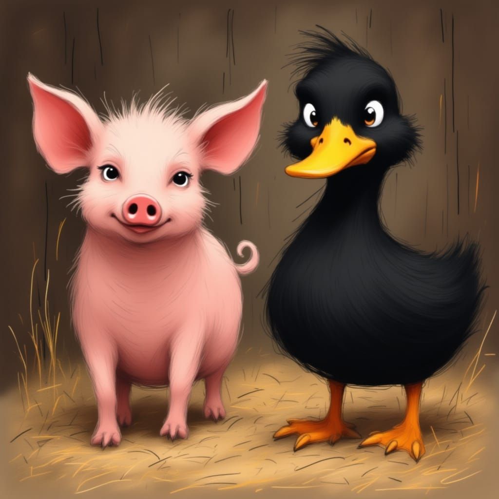Cartoony Piglet and Duck in Barn