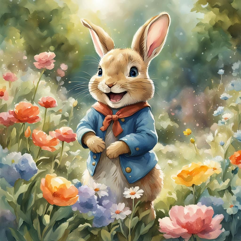 Baby Peter Rabbit Watercolor Portrait in Garden
