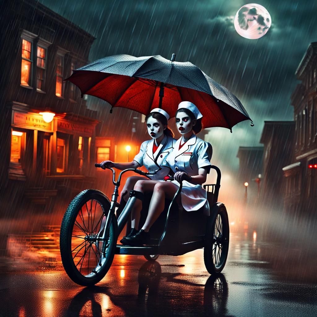 Vampire Nurses Ride Tricycle in Rainy Ghost Town