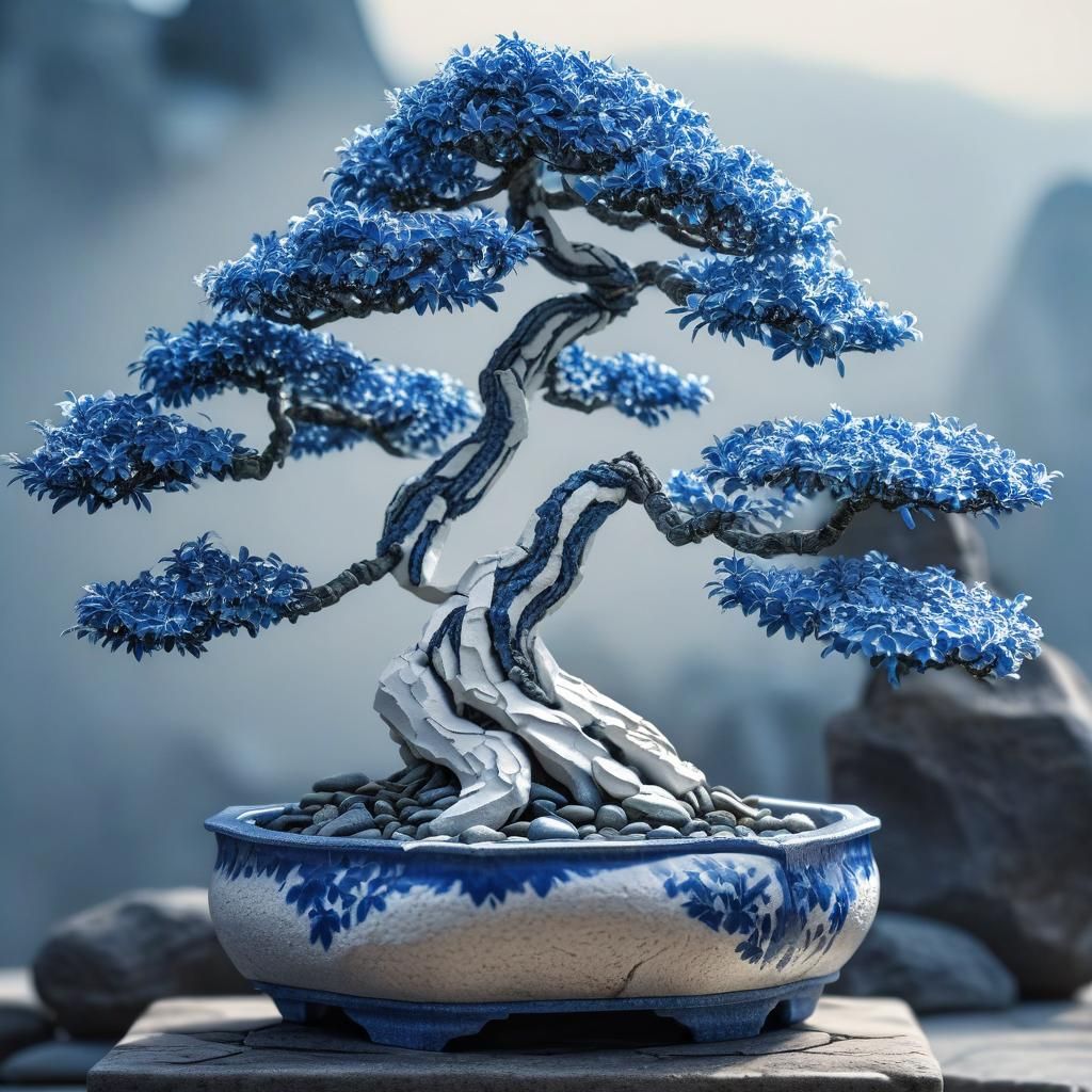 Blue and White Stone Bonsai Tree: Hyperrealistic Image