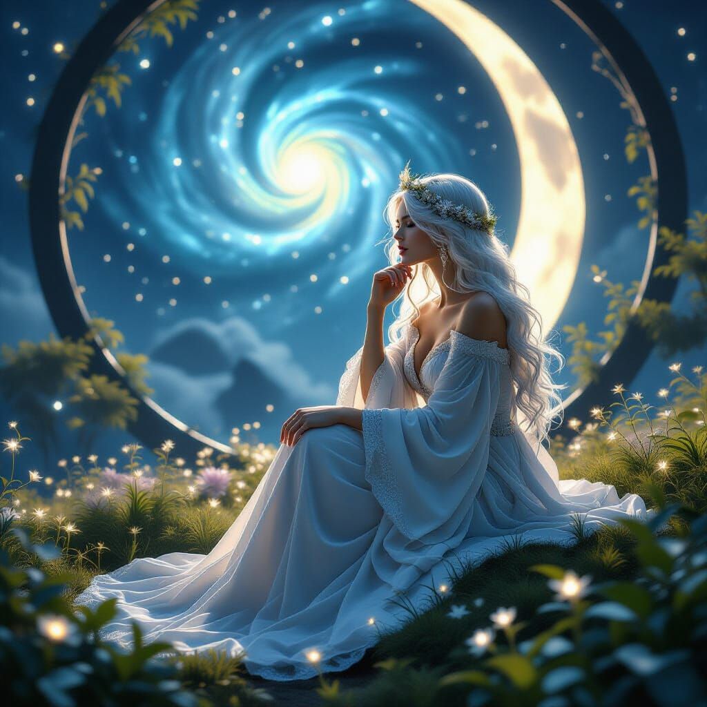 Moonlit Sorceress in Alien Garden, Art Nouveau Fantasy