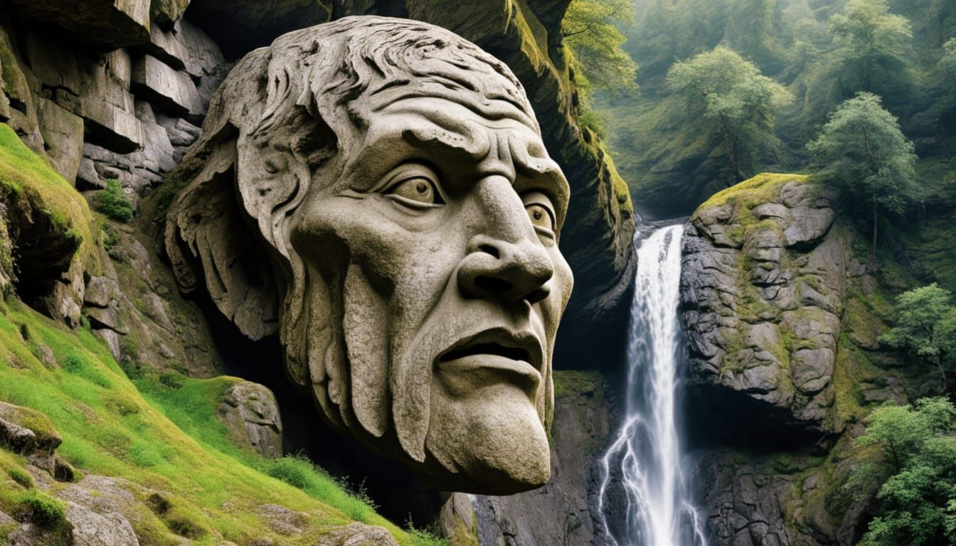 Monumental Stone Head Mountain Waterfall in Hildebrandt Styl...