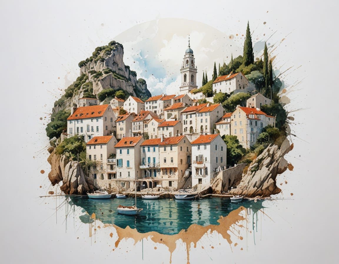 Mediterranean Town by the Sea with Sailboat