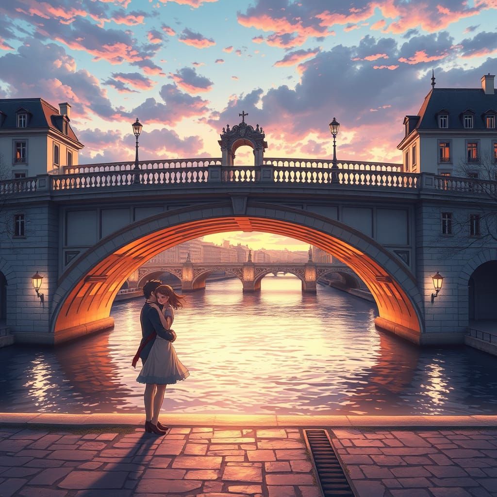 Romantic Couple Embrace Under Mirabeau Bridge: Anime 3D Art