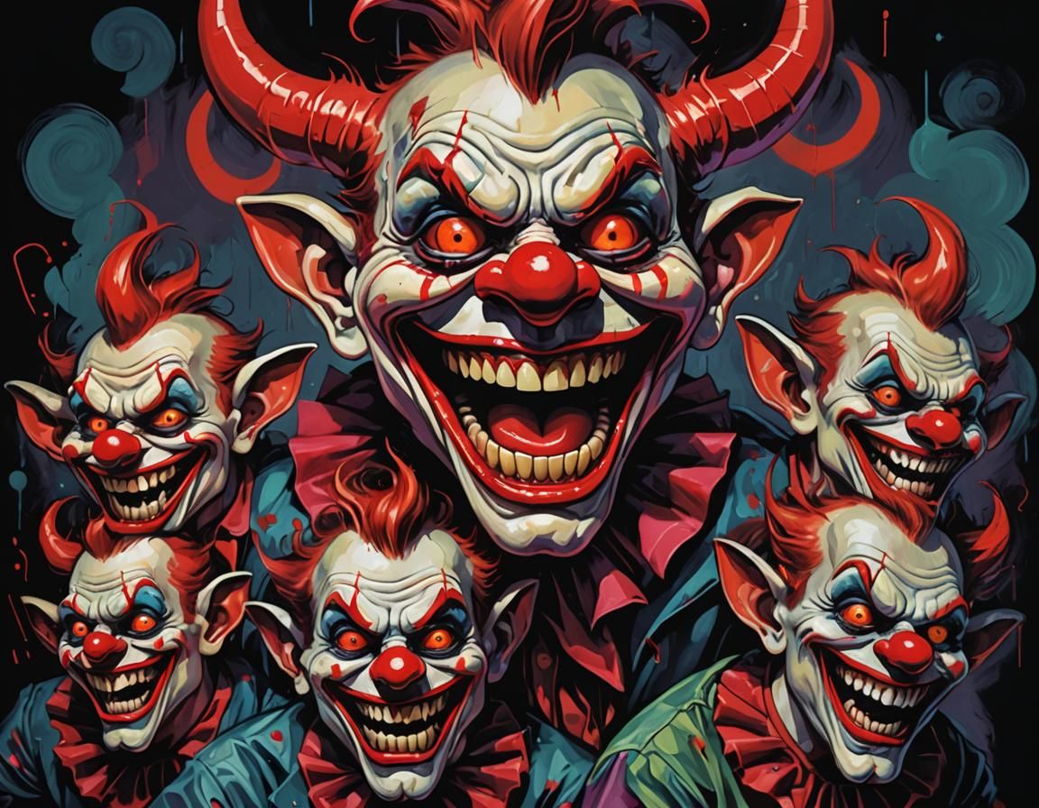 Grotesque Clown-Faced Redneck in Neon-Lit Carnival Chaos