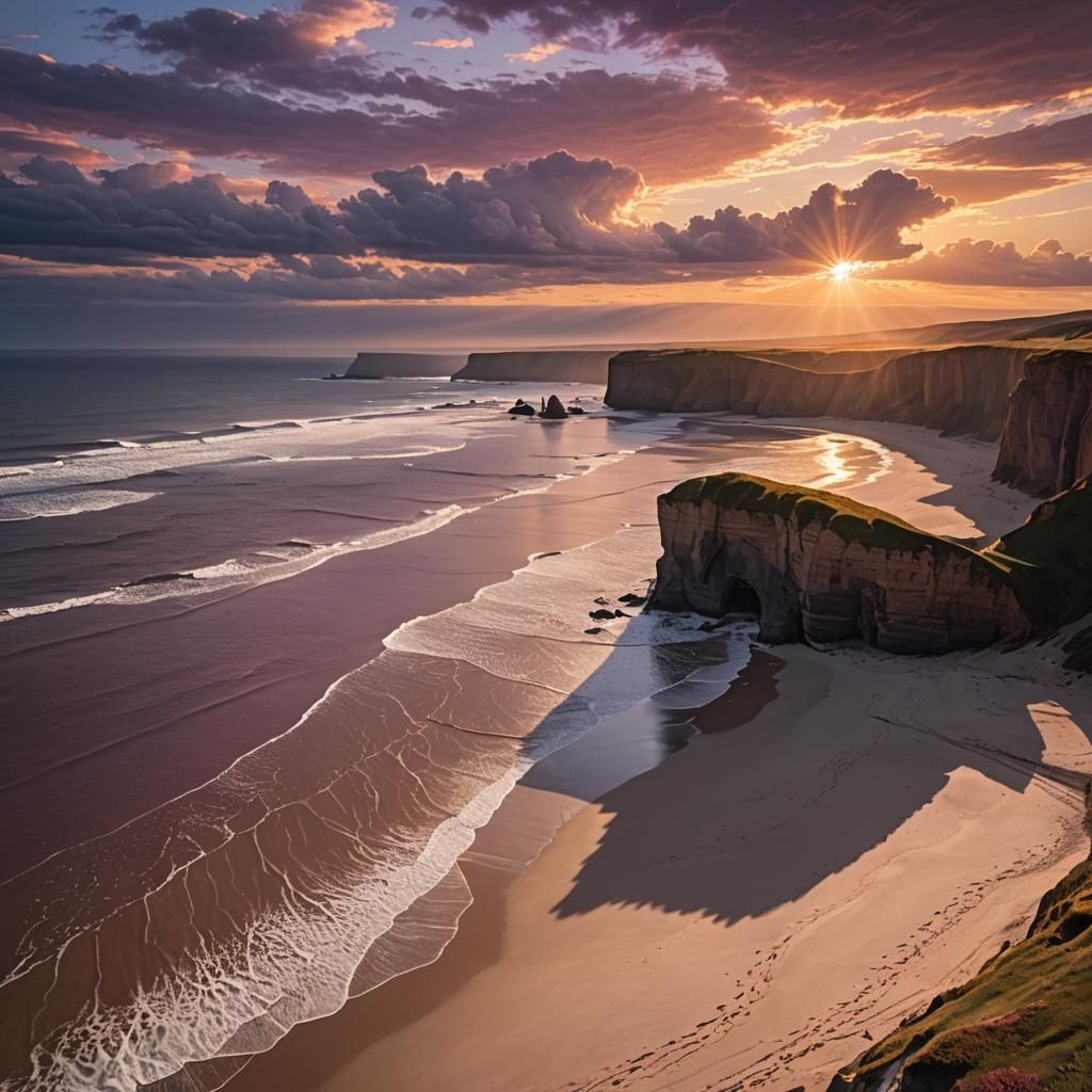 Stunning Beach Sunset Above Rugged Coastal Cliffs