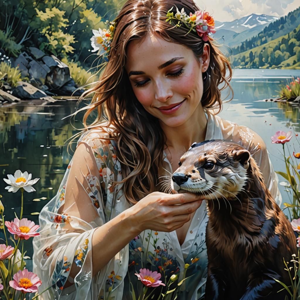 Woman and Otter by Lake, Surreal Alcohol Ink Style