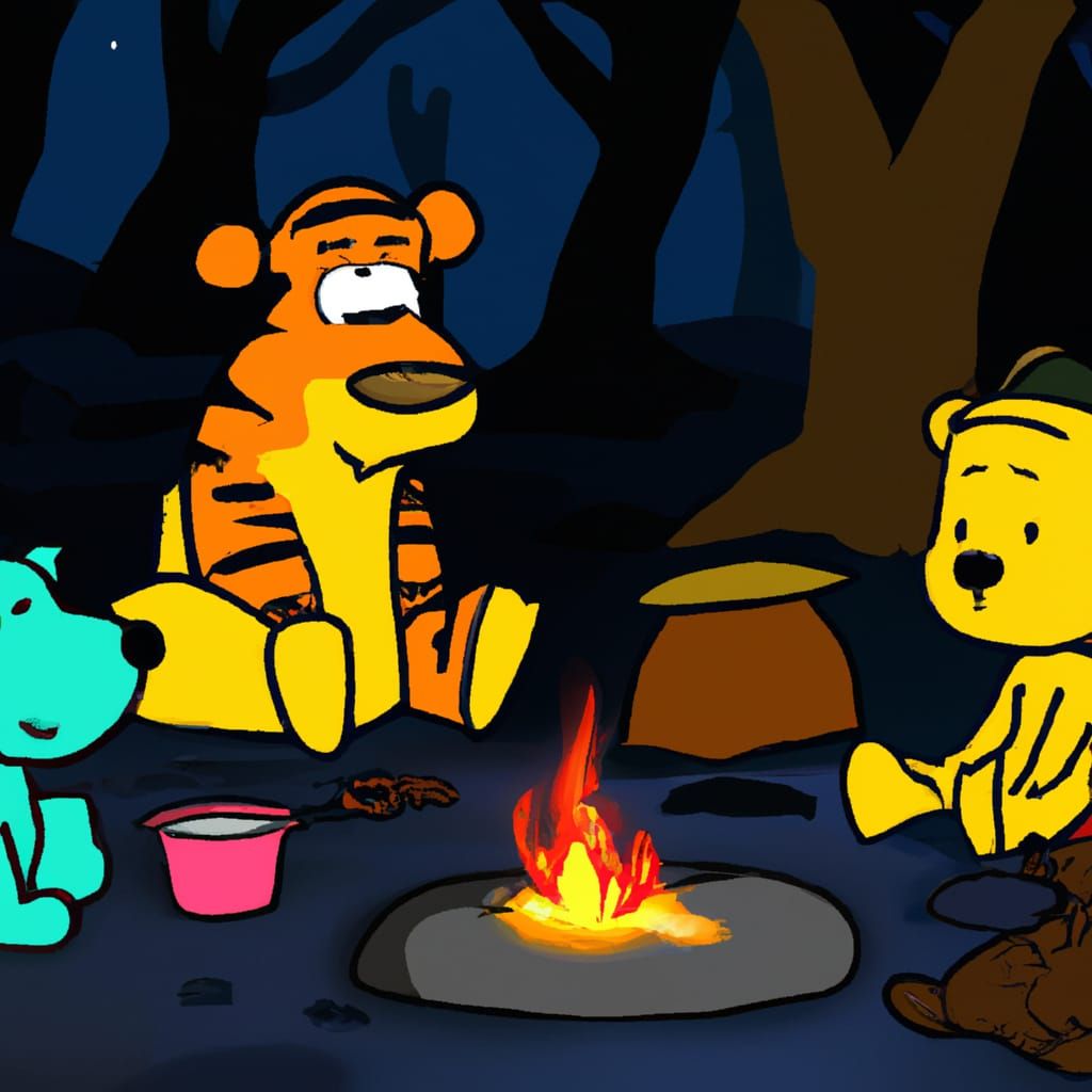 spock, Winnie the Pooh and tigger sitting around a campfire.  cartoon animation