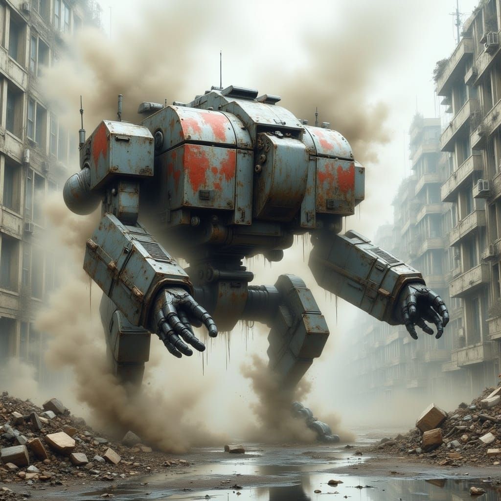 Weathered Battle-Mech Descends Upon a Dystopian Cityscape in...