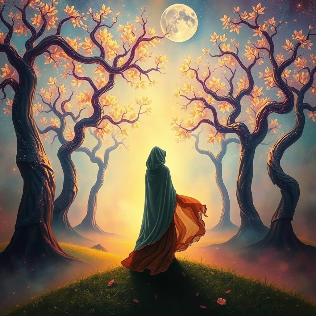Ethereal Woman in Cosmic Glade with Iridescent Trees