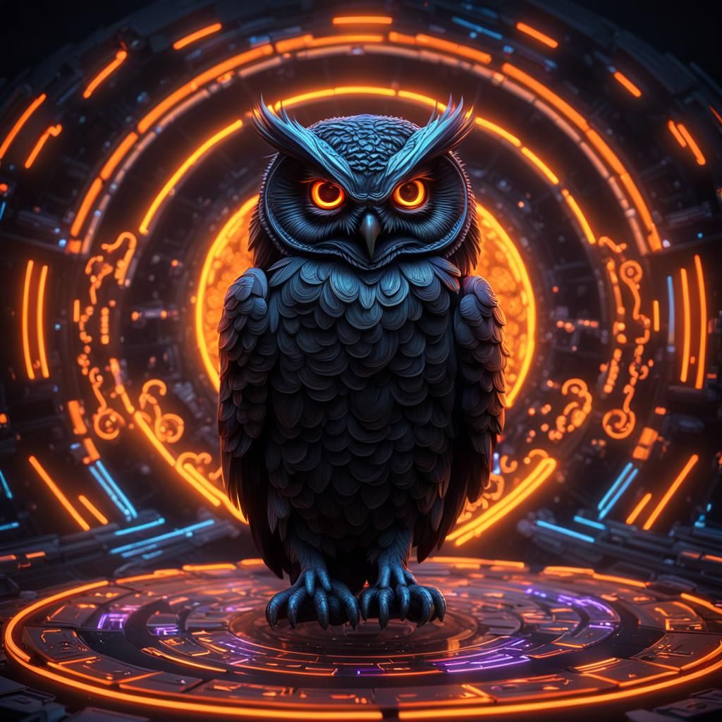 Holographic Black Owl in Neon Lights: 3D Render