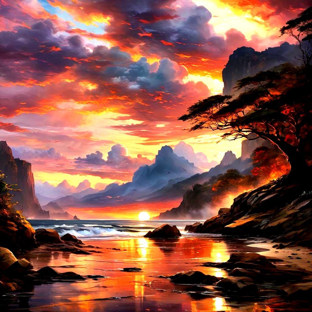 Dramatic Sunset in Anime and Impressionist Styles