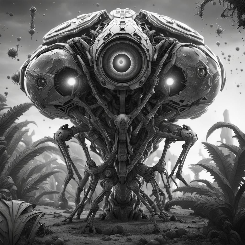 Detailed Sci-Fi Ink Drawing of Alien Plant