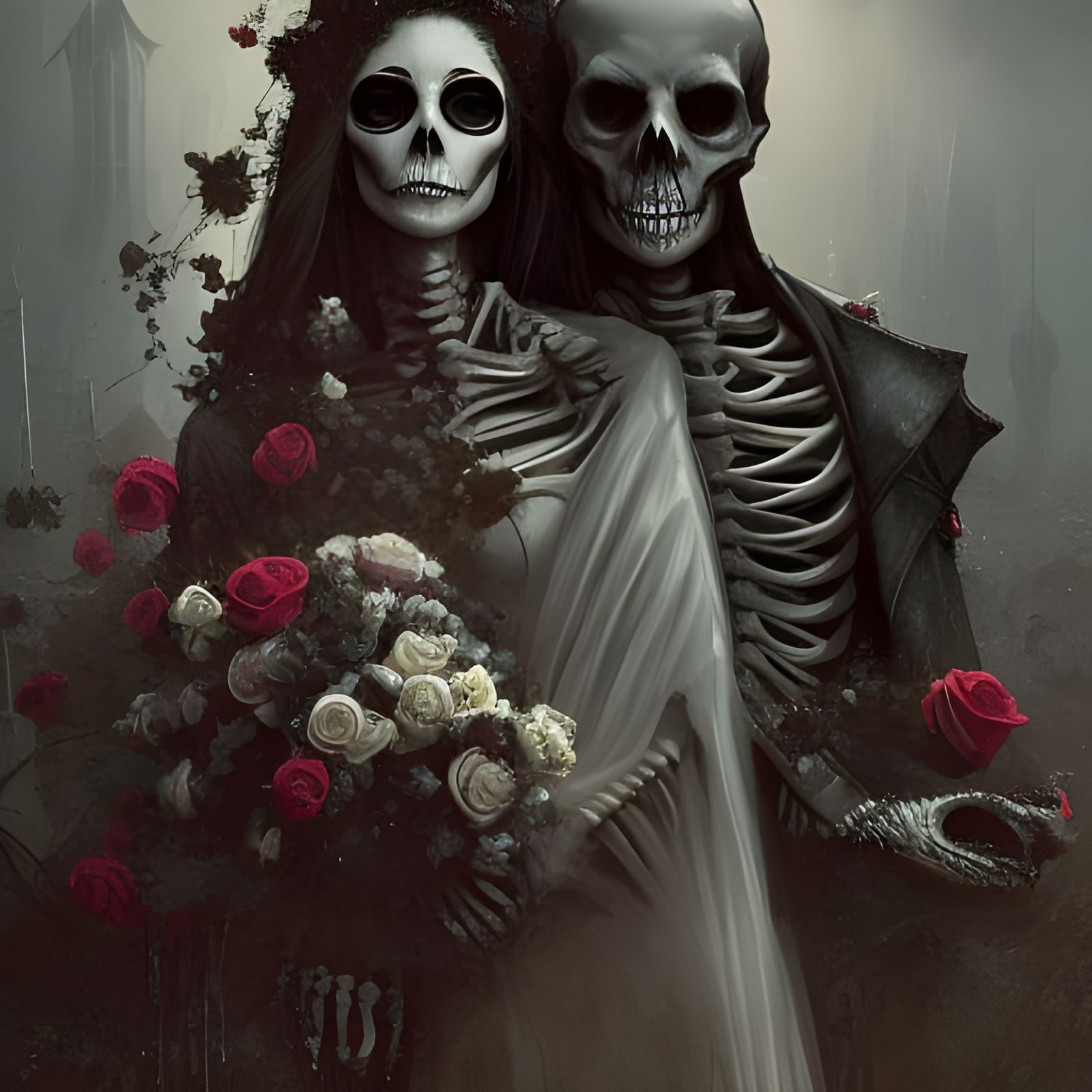 Skeleton Wedding: Gothic Romance in Digital Painting