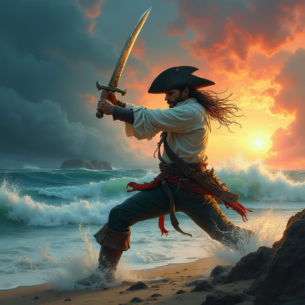 Swashbuckling Pirate Engages in Epic Sword Fight Amidst Stor...