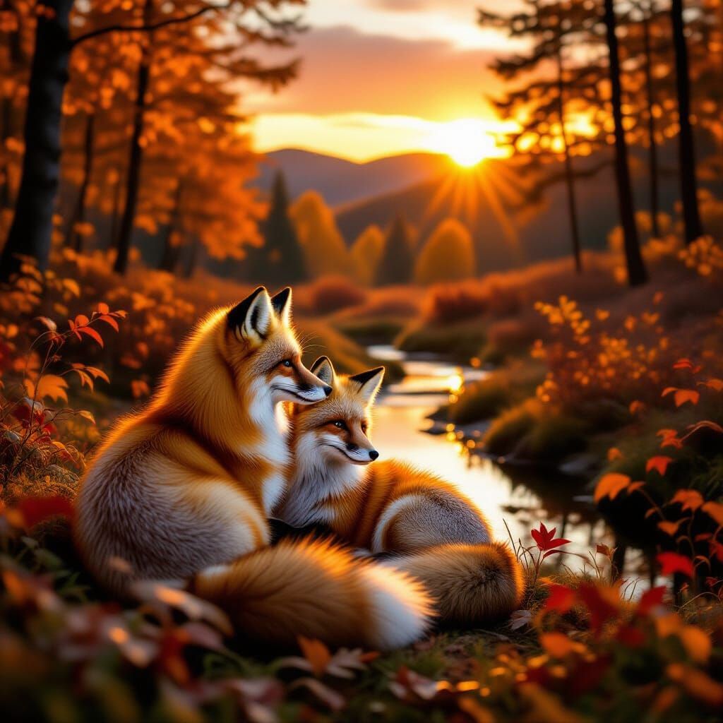 Fox Couple Observing Autumn Sunset