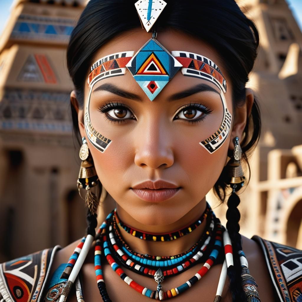 Inuit Woman in Aztec Attire, Gaudi Temple Backdrop