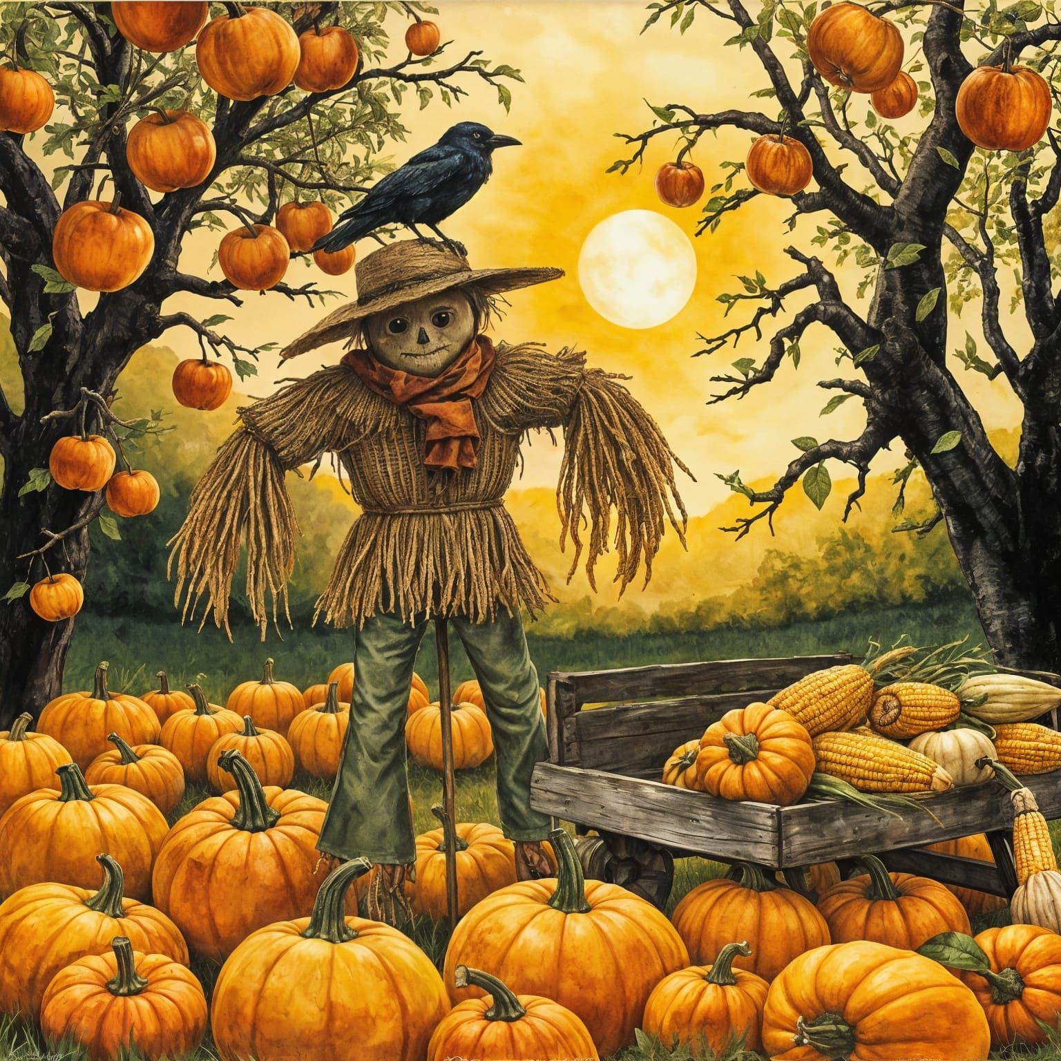 Moody Autumn Scarecrow Guards Pumpkin Patch