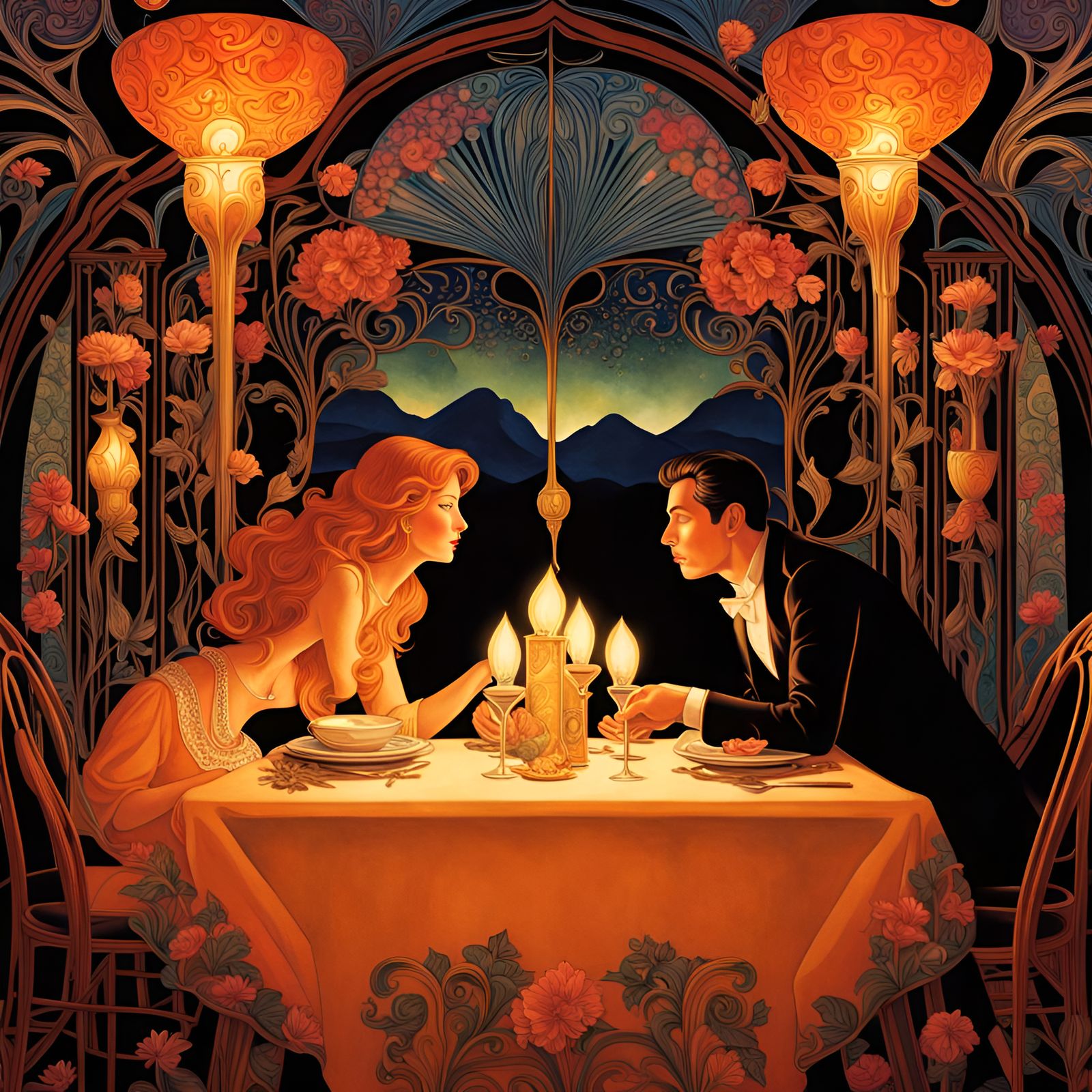 Psychedelic Art Nouveau Couple in Love at Dinner