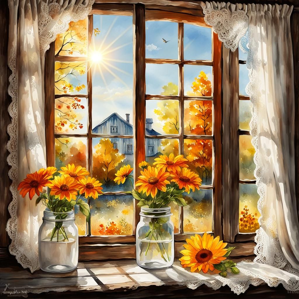 Watercolor Autumn Flowers on Old Windowsill