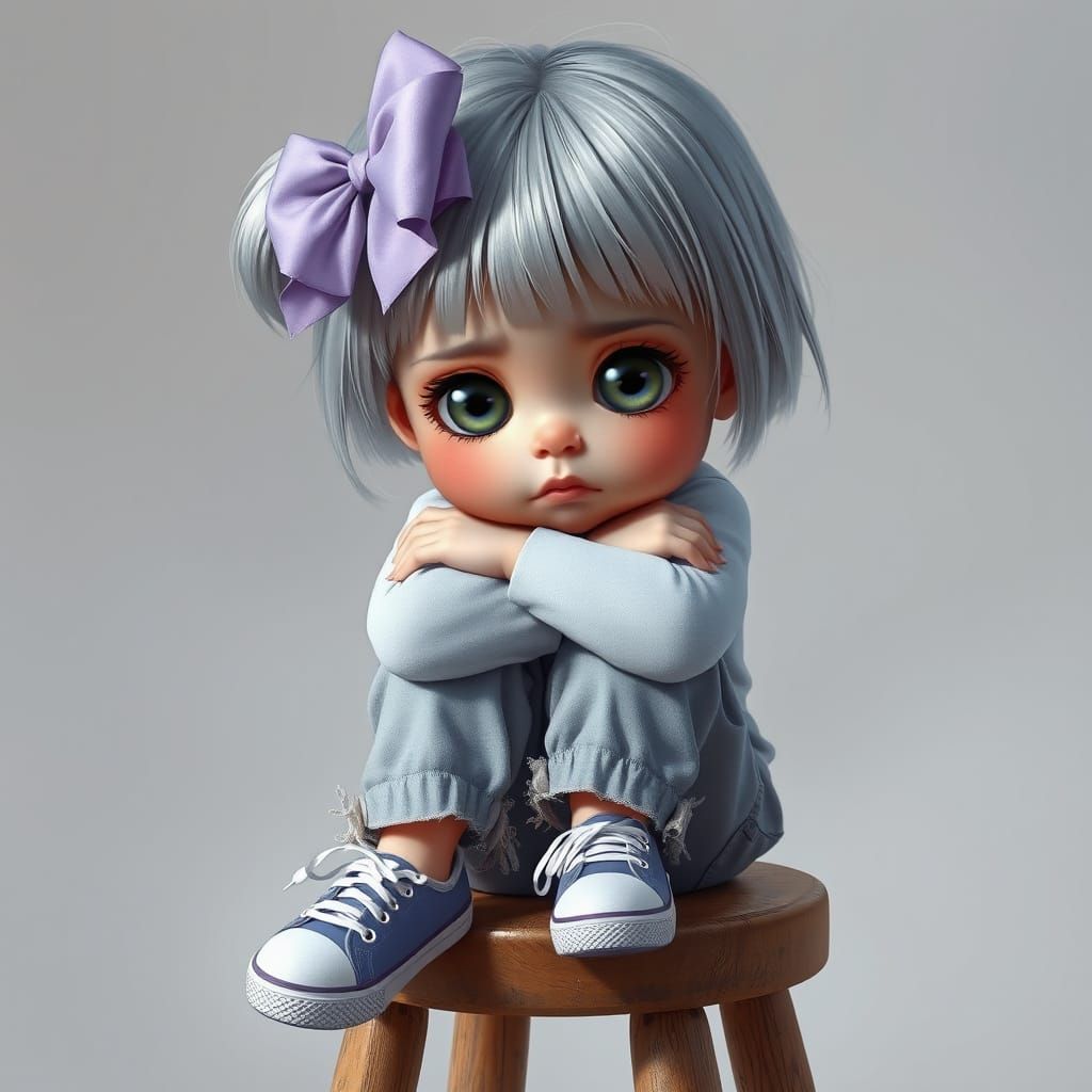 Hyper Realistic Digital Painting of Sad Girl with Silver Hai...
