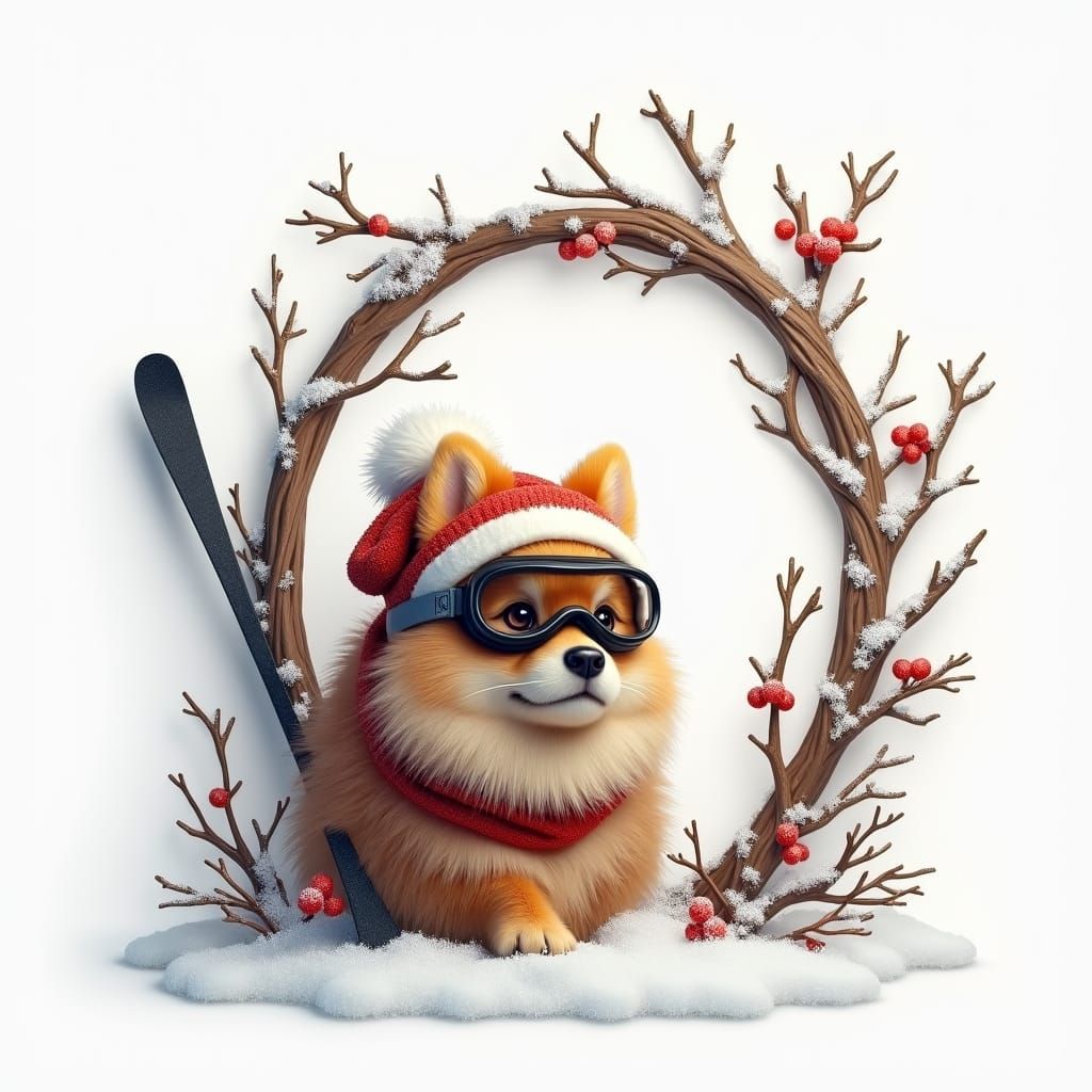 Pomeranian in Winter Gear with Holly Frame