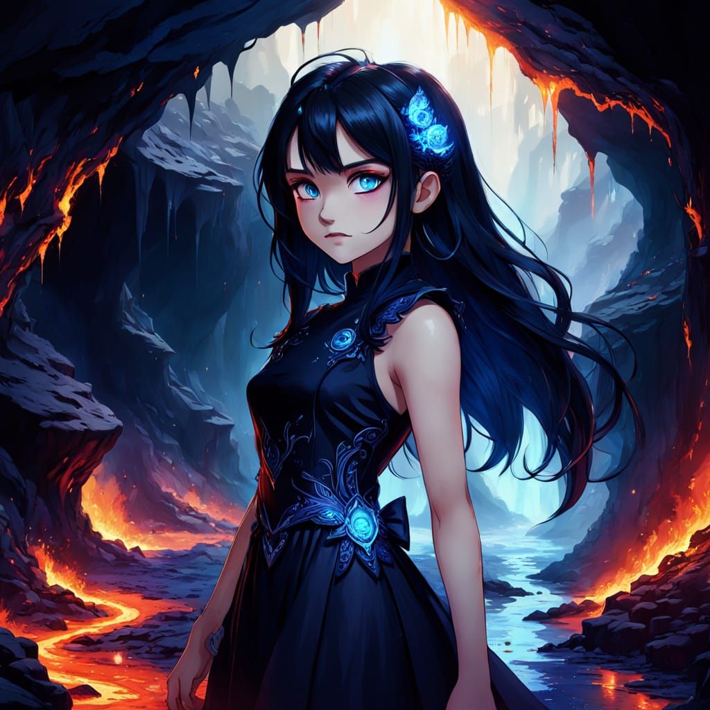 Anime Dark Princess in Lava Cave with Blue Eyes