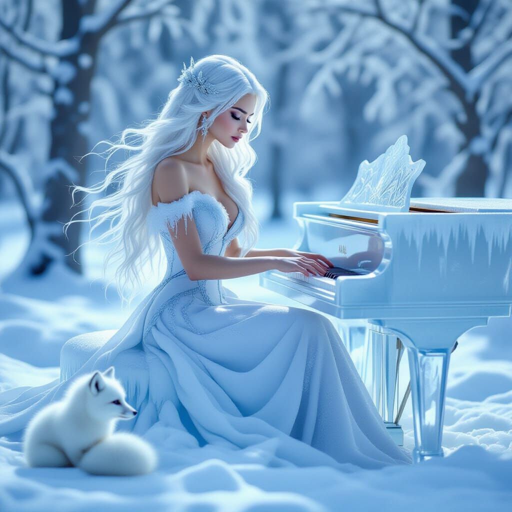 Majestic Ice Goddess Beside Snow Fox in Winter Forest