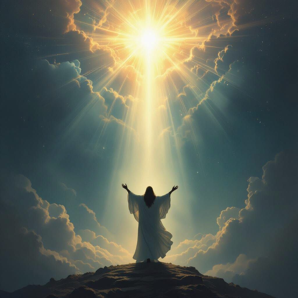 Divine Light Ascends Silhouetted Figure in Luminous Style