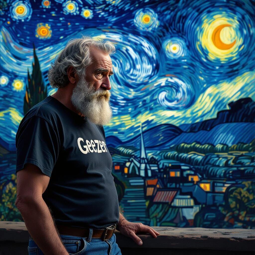 Old Man Gazing at Van Gogh-Style Starry Night