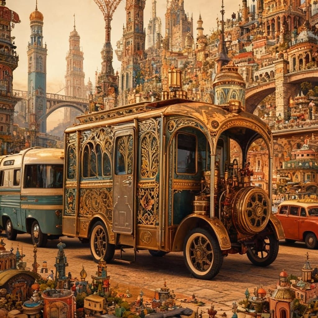Steam-Powered Motorhome Caravan in Art Nouveau Rococo City