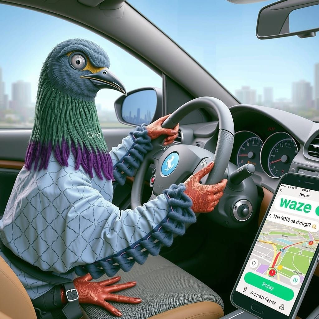 Futuristic Pigeon Navigator in a Ferrari