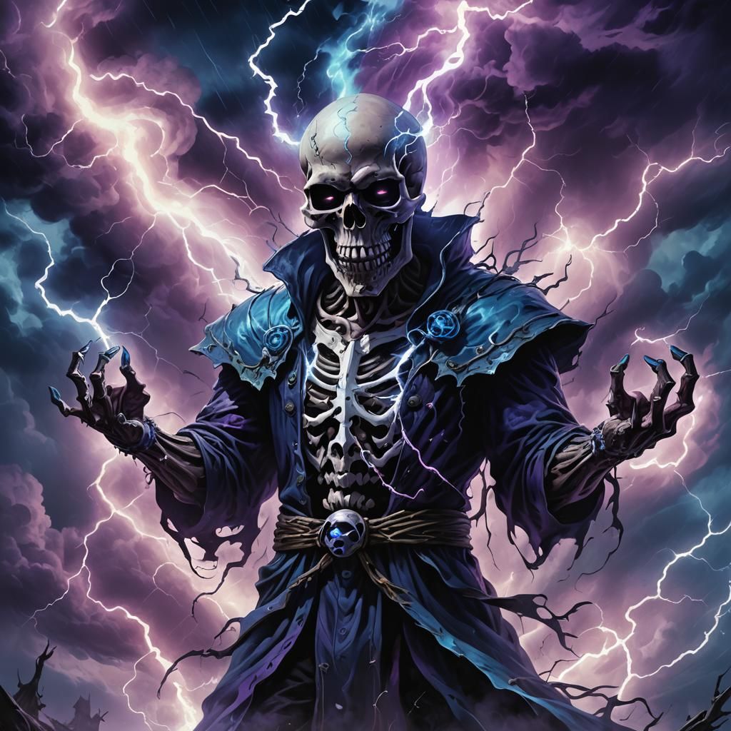 Skull Sorcerer Amidst Blue Lightning in Dark Fantasy Style