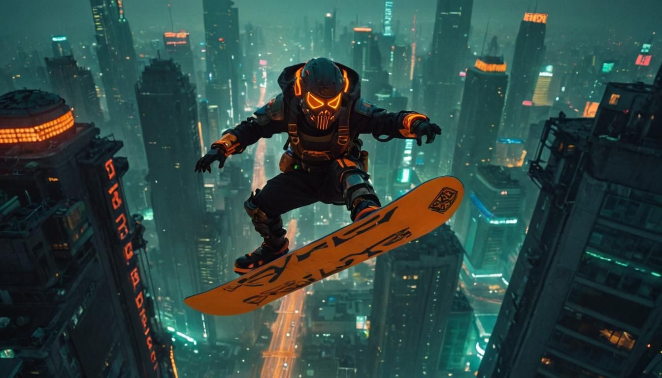 Cyberpunk Skyboarder Above Neon Metropolis