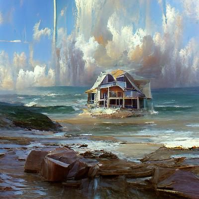 Ocean Shore House in Oil Painting Style